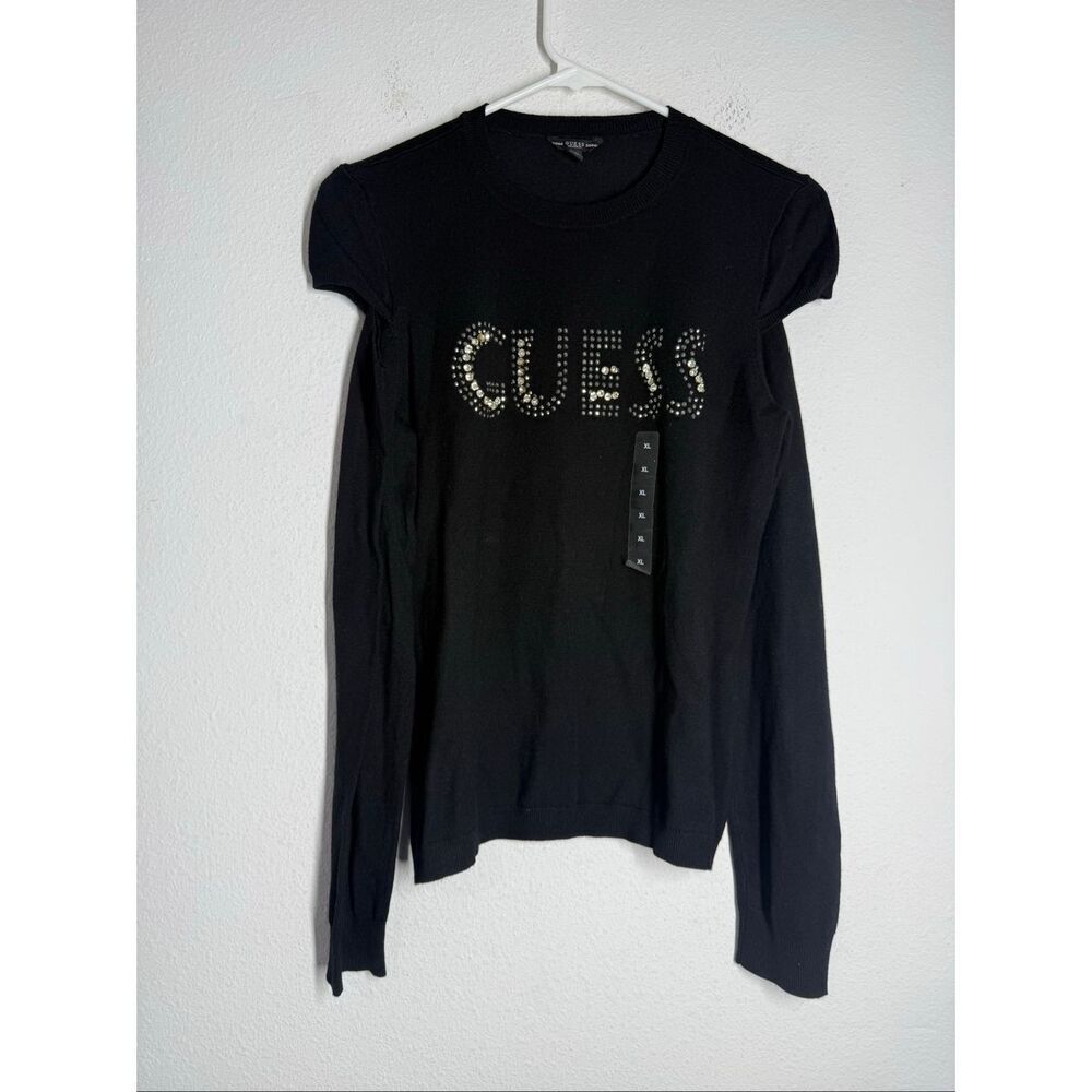 NWOT Guess Norah Logo Sweater Black  Rhinestone Trim Cold-Shoulder Cutout Sz XL